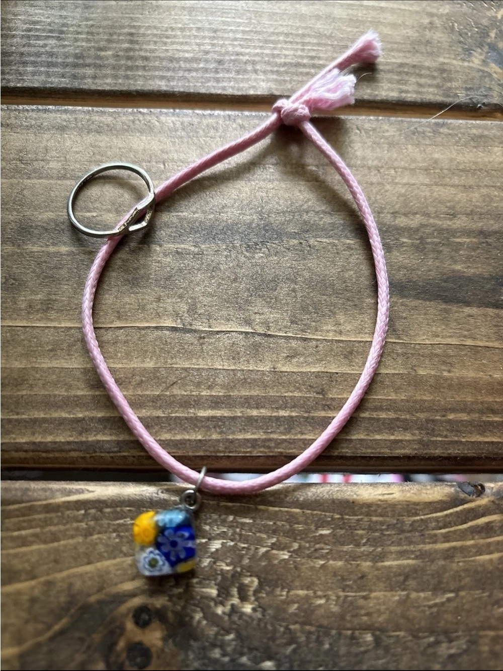 Kids Adjustable Pink Cord Bracelet with Floral Glass Charm